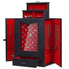 a black and red jewelry cabinet with two doors open to show necklaces in it