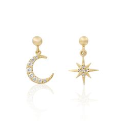 Feel like a space goddess in these sparkling earrings! 10k solid yellow gold Cubic zirconia stones Standard earring post and jelly backing Sold as a pair (moon & star) or as singles Approx 1/2" length Our solid gold pieces are sweatproof, waterproof, and tarnish proof! Shop our entire GC Fine Collection here! Sale items are final sale. Space Goddess, Glow Stars, Dinosaur Earrings, Flat Back Earrings, Fruit Earrings, Moon Studs, Butterfly Earrings Stud, Earring Post, Necklace Chain Lengths