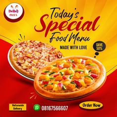 an advertisement for a special food menu with pizzas on the table and in front of it