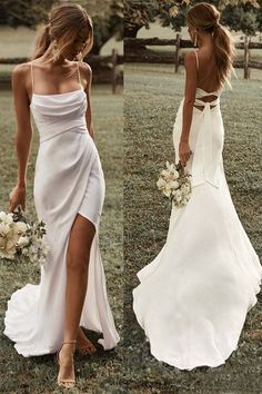 two pictures of a woman in a white wedding dress and one is holding a bouquet