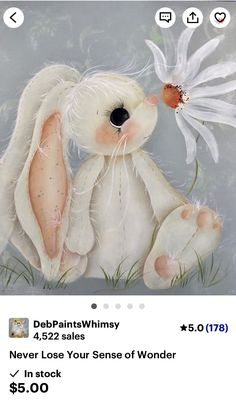 a painting of a white bunny holding a flower