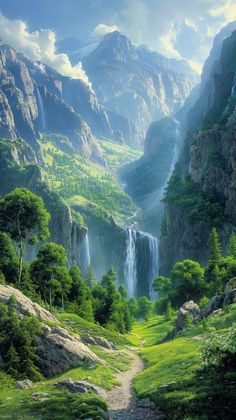 a painting of a mountain valley with a waterfall