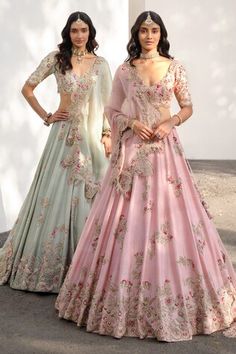 Pink attached cancan lehenga with all over floral embroidery using silver, pearl zardozi work. Paired with a padded blouse with similar embroidery work and dupatta with cutwork embroidered border. - Aza Fashions Pink Raw Silk Lehenga, Dolly J, Raw Silk Embroidery, Latest Bridal Lehenga, Raw Silk Lehenga, Zardozi Embroidery, Lehenga Designs Simple, Gaun Fashion, Indian Dresses Traditional