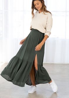 Dallas Maxi Skirt Bohemian Maxi Skirt, Olive Skirt, Vintage Band Tees, Maxi Skirt Boho, Bohemian Maxi, Tiered Maxi Skirt, Summer To Fall, Boho Maxi, Maxi Skirts