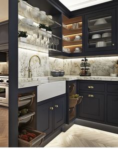 a kitchen with black cabinets and marble counter tops