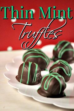 chocolate truffles on a white plate with the words thin mints in green