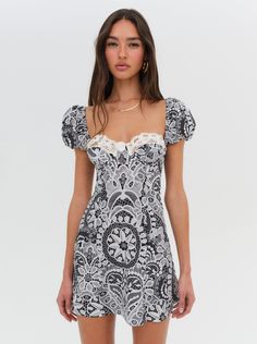 Taylor Mini Dress — Black Puff Sleeve Lace Mini Dress With Lace Trim, Puff Sleeve Mini Dress With Lace Trim, White Puff Sleeve Mini Dress With Lace Trim, Luxury Floral Print Mini Dress With Puff Sleeves, For Love And Lemons Black Dress, Battenburg Lace, Lace Print, Breezy Dress, For Love And Lemons