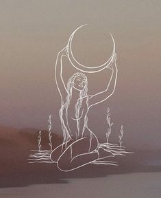 a drawing of a woman sitting in the water holding a moon above her head and looking up at the sky