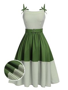 Green 1940s Spaghetti Strap Stripes Patchwork Belted Dress | Retro Stage Flair Dress Pattern, Vintage 1940s Dresses, Vintage 50s Fashion, 1940s Clothes, Retro Dress Pattern, Retro Closet, 70’s Dresses, Housewife Dress, 1940s Fashion Dresses