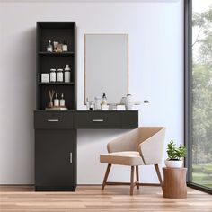 a bathroom with a chair, mirror and shelves on the wall next to a window