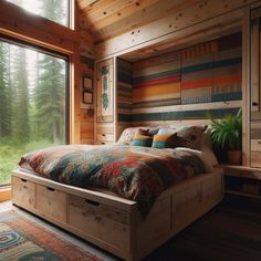 a large bed sitting in the middle of a bedroom next to a tall wooden wall