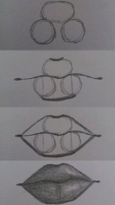 three different stages of drawing lips with pencils