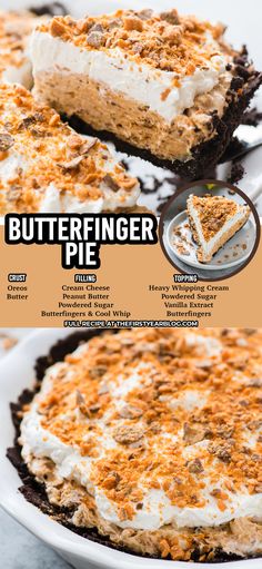 butterfinger pie pin with overlay text Butterfinger Pie Recipe, Butterfinger Pie, No Bake Pie, Baking Recipes Pie, Easy Sweets, Best Baking Recipes, Easy Pie, Sweet Treats Recipes, Best Baking