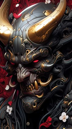 an artistic painting of a demon with red eyes and gold horns on his face, surrounded by flowers