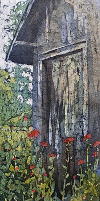 a painting of an outhouse with flowers in the foreground