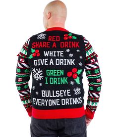 a bald man wearing a red and black christmas sweater with ugly words on the back