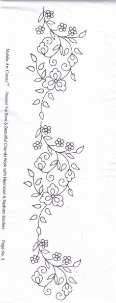 an embroidery pattern with flowers and leaves on the side of a piece of paper that says,