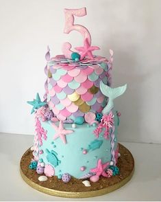 a birthday cake with pink and blue decorations