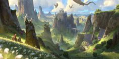 an artist's rendering of a fantasy landscape with mountains, rocks and flying birds