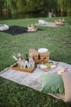 an outdoor picnic is set up on the grass with food and drinks in front of it