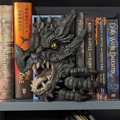 a book shelf with books and a dragon head on it