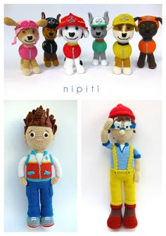 three pictures of stuffed animals with different outfits