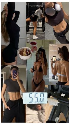 a collage of photos showing women in bikinis and sports bras, with the same woman on her cell phone