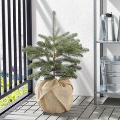 a small christmas tree in a burlap sack on a porch with metal railings