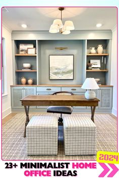 an office with built - in shelving, desk and chairs for the home office