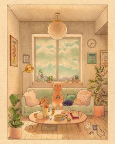 a drawing of a living room with a teddy bear on the coffee table and potted plants