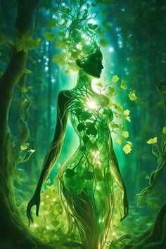 a woman standing in the middle of a forest surrounded by trees and leaves with glowing lights on her body