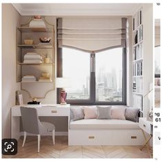 a room with a window, desk and chair next to a book shelf filled with books