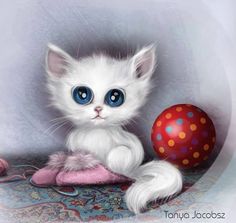 a white kitten with blue eyes sitting next to a red ball