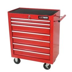 the craftsman's tool cabinet is red and has black top, drawers, and wheels