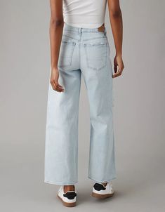 AE Strigid Ripped Super High-Waisted Baggy Wide-Leg Ankle Jean Modern Baggy Straight Leg Jeans, Trendy Light Wash Wide-leg Jeans, Non-stretch Ripped Wide-leg Jeans, Light Wash Baggy Full-length Jeans, Light Wash Wide-leg Jeans With Frayed Hem, White Jeans Men, Athletic Fit Jeans, Dream Jeans, Medium Wash Jeans