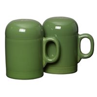 two green ceramic mugs sitting side by side