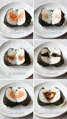 six different types of sushi on a white plate with the names of each dish