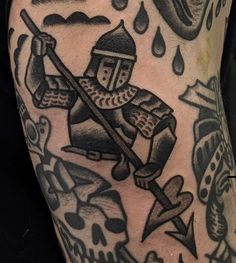 Traditional Sports Tattoo, American Traditional Patch Work Tattoo, Historical Tattoos For Men, Knight Shield Tattoo, Spinach Tattoo, American Traditional Knight Tattoo, Knight Tattoo Traditional, Bionicle Tattoo, Wh40k Tattoo