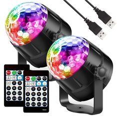 two disco ball lights with remote control and extension cord to each side, on white background