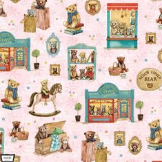 a pink wallpaper with teddy bears and other items