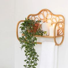 a towel rack with plants and candles on it