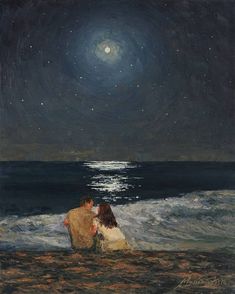 a painting of two people sitting on the beach looking at the ocean under a full moon