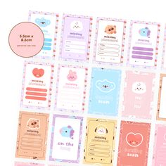 a variety of stationery cards with animals and hearts on them are shown in pastel colors