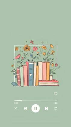 books and flowers are on top of each other in front of a green background with an audio player