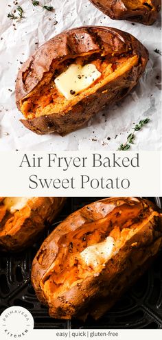 air fryer baked sweet potatoes with butter and parmesan cheese in the middle