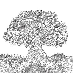 a tree with flowers and butterflies in the background, coloring book page for adults - stock photo