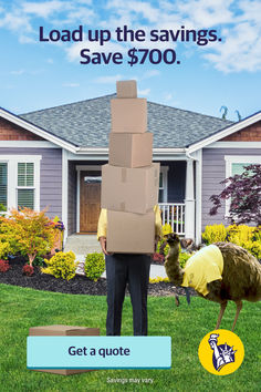 a man standing in front of a cardboard box and an ostrich