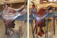 two pictures of the same saddle in different stages of being used as a work bench