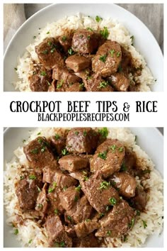 crockpot beef tips and rice on a white plate