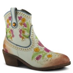 L`Artiste Style: Galop Premium hand selected leathers featuring hand embossed and hand-colored sprigs of wispy leaves and blooms. Fashion Cowgirl style boot with front yoke, outside cabochon embellished pull tab, and inside zipper. Upper: Leather Lining: Synthetic, Velvet Insole: Synthetic Outsole: Rubber Closure: Zipper Heel Height: 2 " Platform Height: 1/4" Shaft Height: 7 1/4" Circumference: 10" Features: - Comfort, Hand-painted, Padded Insole, Premium Disclaimer: L'Artiste products are made Artistic Shoes, Fashion Cowgirl, White Leather Boots, Loeffler Randall Shoes, Spring Step Shoes, Zipper Heels, Western Booties, Hand Painted Leather, White Boots